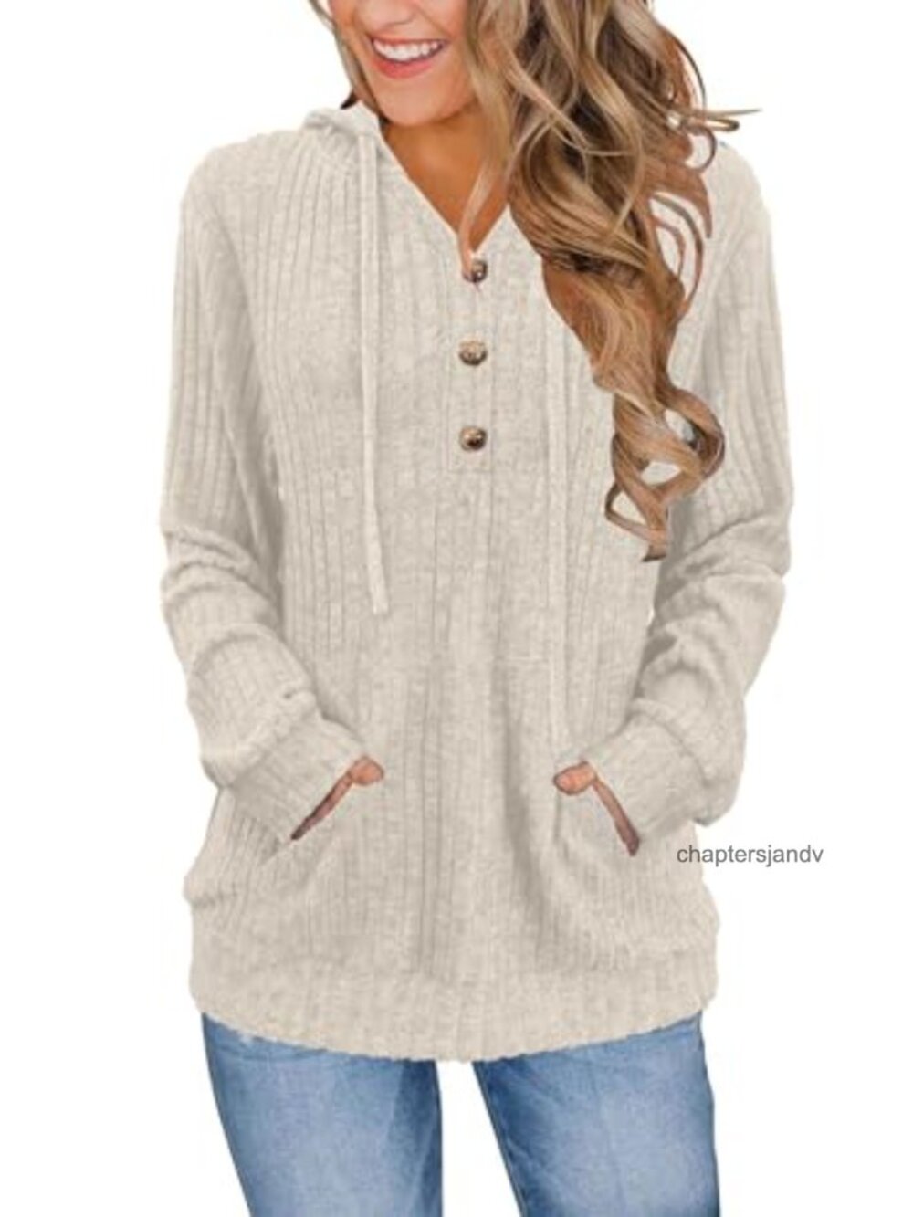 Women's Ribbed Hooded Henley Neck Pullover Sweater with Kangaroo Pocket